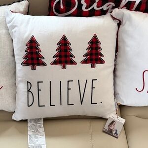 Festive Red and Black Plaid 'Believe' Holiday Pillow RAE DUNN BNWT